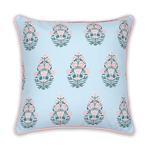 Hofdeco Premium Coastal Patio Indoor Outdoor Throw Pillow Cover Only, 18"x18" Water Repellent for Backyard, Couch, Baby Blue Blush Pink Floral with Piping thumbnail 6