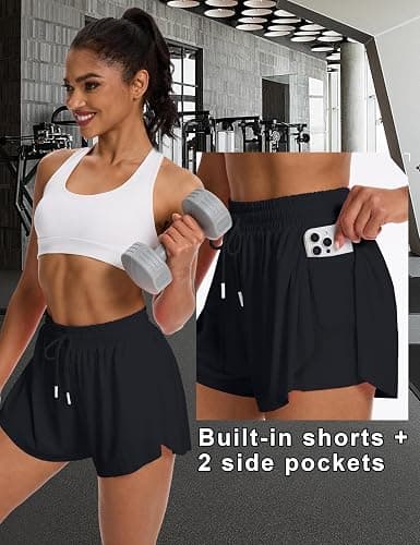 tanzdunsje Laufshorts Damen kurz Sportshorts 2 in 1,Tennis Gym Fitness RunningShorts mit 2 Taschen, Damen Schwarze Shorts Workout Sportrock Elastischer Bund, mit Innenfutter - XL - Schwarz thumbnail 2