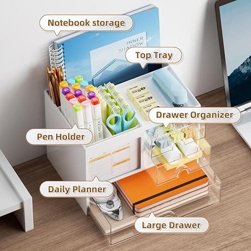 Marbrasse Desk Organizer with 3 Drawer, Multi-Functional Pencil Pen Holder for Desk, Desk Organizers and Accessories with 4 Compartments, Desktop Organizer Storage for Office Home Art Supplies (White) thumbnail 4