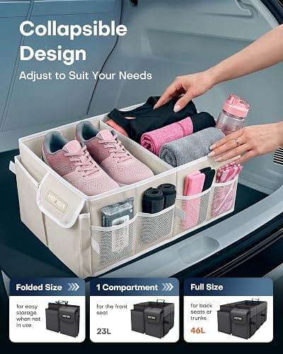 HOTOR Trunk Organizer for Car - Car Organizer, Foldable Trunk organizer for SUVs & Sedans, Sturdy Organization for Car Accessories, Tools, Sundries, Beige, 2 Compartments, 21.3"×12.6"×10.6" thumbnail 5