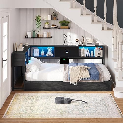 Hasuit Twin Corner Bed Frame with Storage Drawers and Bookcase Headboard, Twin Size Metal Platform Corner Bed Frame with Charging Station and LED Lights, Twin Daybed for Kids Teens Guests, Black thumbnail 2