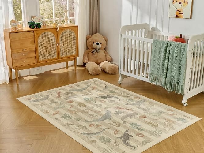 Weaverlane Whales Coastal Washable Nursery Rug Beige (Taupe, 5' x 7') | Soft Faux Wool Stain Resistant Rug Non-Slip Backing for Playroom Bathroom Living Room Bedside Beachy Cute Nautical Neutral thumbnail 3