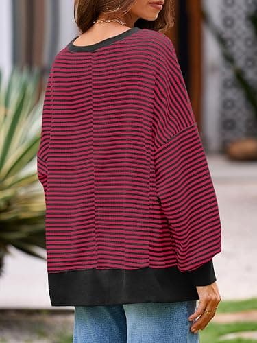 Fisoew Women's Fall Oversized Sweatshirt Casual Waffle Knit Long Sleeve Crewneck Split Pullover Tunic Tops thumbnail 4