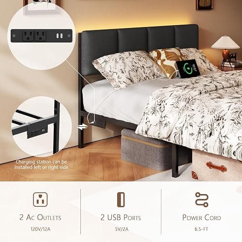 Furnulem Full Size Bed Frame with Headboard, Upholstered Full Bed Frame with LED Light, USB Charging Station, Platform Bedframe with 2 Fabric Underbed Storage Drawers, No Spring Box Needed thumbnail 3