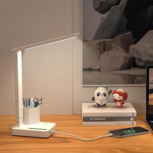 COZOO LED Desk Lamp with 2 USB Charging Ports,Type C Port,1 AC Outlet,2 Pen Holders,3 Color Temperature 3 Brightness Level,Touch/Memory/Timer,10W Eye Protection Foldable Reading Light,Study Lamp-White - White 2.0 with pen holders thumbnail 9