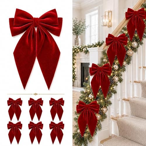 Large Christmas Bows, Velvet Bows for Xmas Tree Topper Garland Wreath Decor | 12" x 8" Red Christmas Tree Topper Bows Velvet Ribbon Bows Ornaments for Gift Wrapping Staircase Mantel Door DIY 6PCS - Image 1