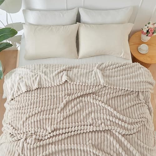 NEWCOSPLAY Super Soft Twin Blanket Linen Premium Silky Flannel Fleece 3D Ribbed Jacquard Lightweight Bed Blanket All Season Use (Linen Ribbed, Twin(60"x80")) thumbnail 8