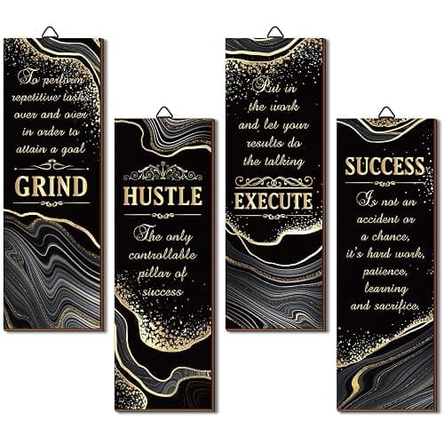 Honoson 4 Pcs Black and Gold Bathroom Decor Inspirational Quote Wooden Sign with Grind Hustle Execute Success Gold Art Signs Bathroom Hanging Accessories for Bedroom Living Room Kitchen(11.8 x 4 Inch) - Image 1