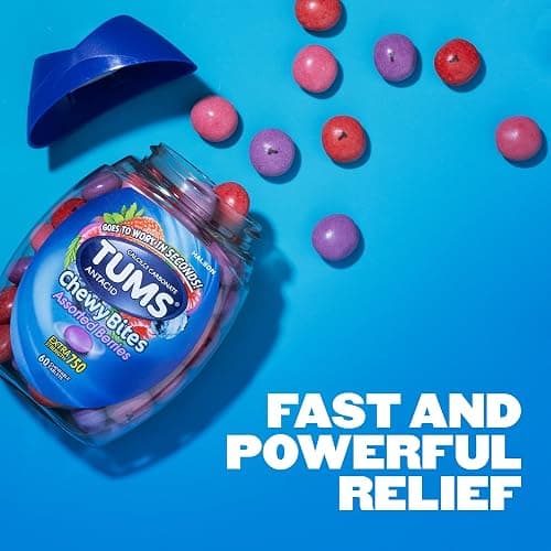 TUMS Chewy Bites Antacid Tablets for Chewable Heartburn Relief and Acid Indigestion Relief, Assorted Berries - 60 Count thumbnail 2