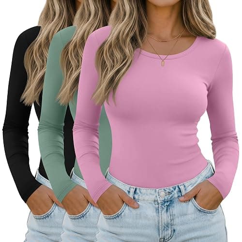 Riyiper 3 Pack Women's Long Sleeve Shirts Scoop Neck Tight Slim Fit Tops Casual Stretchy Basic Tee Layer Undershirts - Image 1