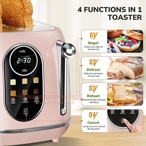 Keenstone Smart Touch Screen Toaster 2 Slice, Retro Wide Slot Stainless Steel Toaster with 6 Browning Levels, Reheat & Defrost, for Bagel, Toast, Bread, Removable Crumb Tray, Pink thumbnail 8