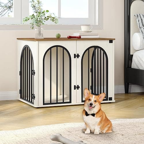 Hzuaneri 31.5'' Wooden Dog Crate Furniture, Indoor Dog Kennel Dogs Cage for Small/Medium Dogs, Heavy Duty Dog Crates Decorative Pet House End Side Table TV Stand, White Brown DFC85114B thumbnail 3