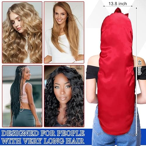 Geyoga 3 Pcs 40 Inches Extra Long Satin Braid Bonnet for Sleeping Silk Hair Bonnet for Women with Tie Band Foldable Braids Hair Sleep Tie, Black, Wine Red and Gold thumbnail 2