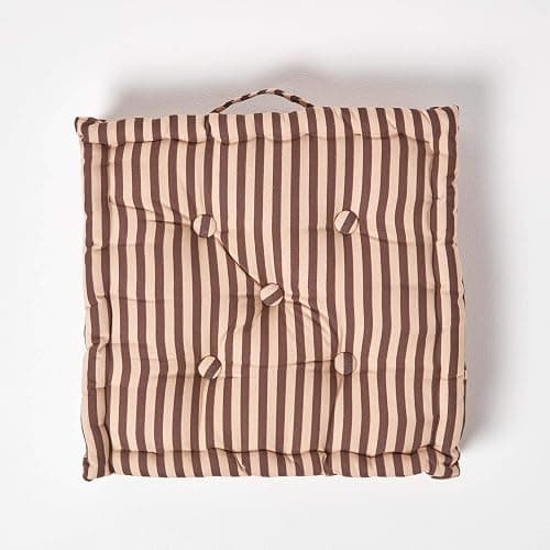 HOMESCAPES - Pin Stripe Choco - 100% Cotton - Floor Cushion - Chocolate and Beige - 40 x 40 x 8 cm Square - Indoor - Garden - Dining Chair Booster - Seat Pad Cushion. thumbnail 3