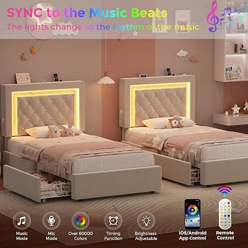 Twin Bed Frame with Storage Drawers and LED Lights, Velvet Upholstered Platform Bed with Diamond Headboard and Charging Station for Kids/Girls, Solid Wood Slats Support, No Box Spring Needed, Beige thumbnail 7