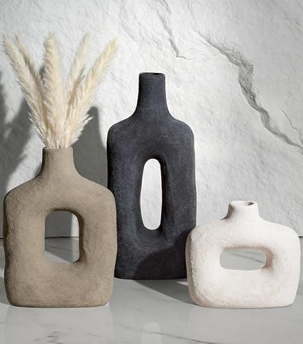 DREAMLOOM Ceramic Vase Set of 3, Modern Rustic Flower Vases for Pampas Grass, Dried & Fresh Flowers, Farmhouse Decorative Vase for Living Room Bedroom Kitchen Shelf Centerpiece, Black - Image 1