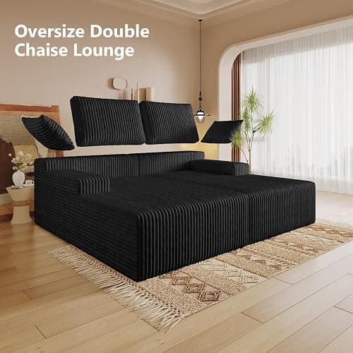 Oversized 80" Double Chaise Lounge Chair Futon Sofa Bed Boneless Cloud Couch Sleeper Sofa, Flannel Upholstered Floor Sofa Modular Sectional Loveseat with 2 Throw Pillow & Backrest Pillow, Black thumbnail 7