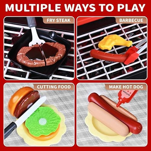 Kids Play Kitchen Toys, Kids BBQ Grill Playset with Smoke Sound Light, 2-Layer Barbecue Toy with Wheel, Outdoor Play Grill Toys for Toddlers 3-5, Play Food Toys Cooking Set, Birthday Gift for Boy Girl thumbnail 5