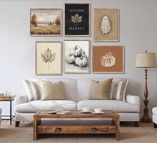 6Pcs Fall foison Pumpkin Wall Art Retro Country Autumn Maple Leaf Poster Prints Halloween Ghost Canvas Picture Wall Decor for Autumn Gallery Living Room Bedroom 8x10in Unframed thumbnail 2
