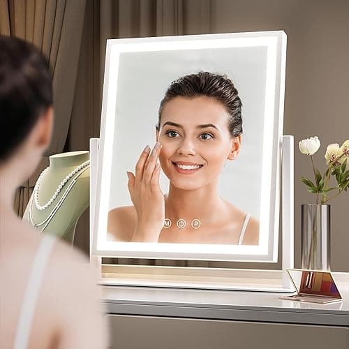 Hasipu Vanity Mirror with Lights, 12" x 14" LED Makeup Mirror, Light up Mirror with 10X Magnification and Phone Holder, USB Charging Port, Smart Touch 3 Colors Dimmable, 360° Rotation (White) - 12"L x 14"W thumbnail 6