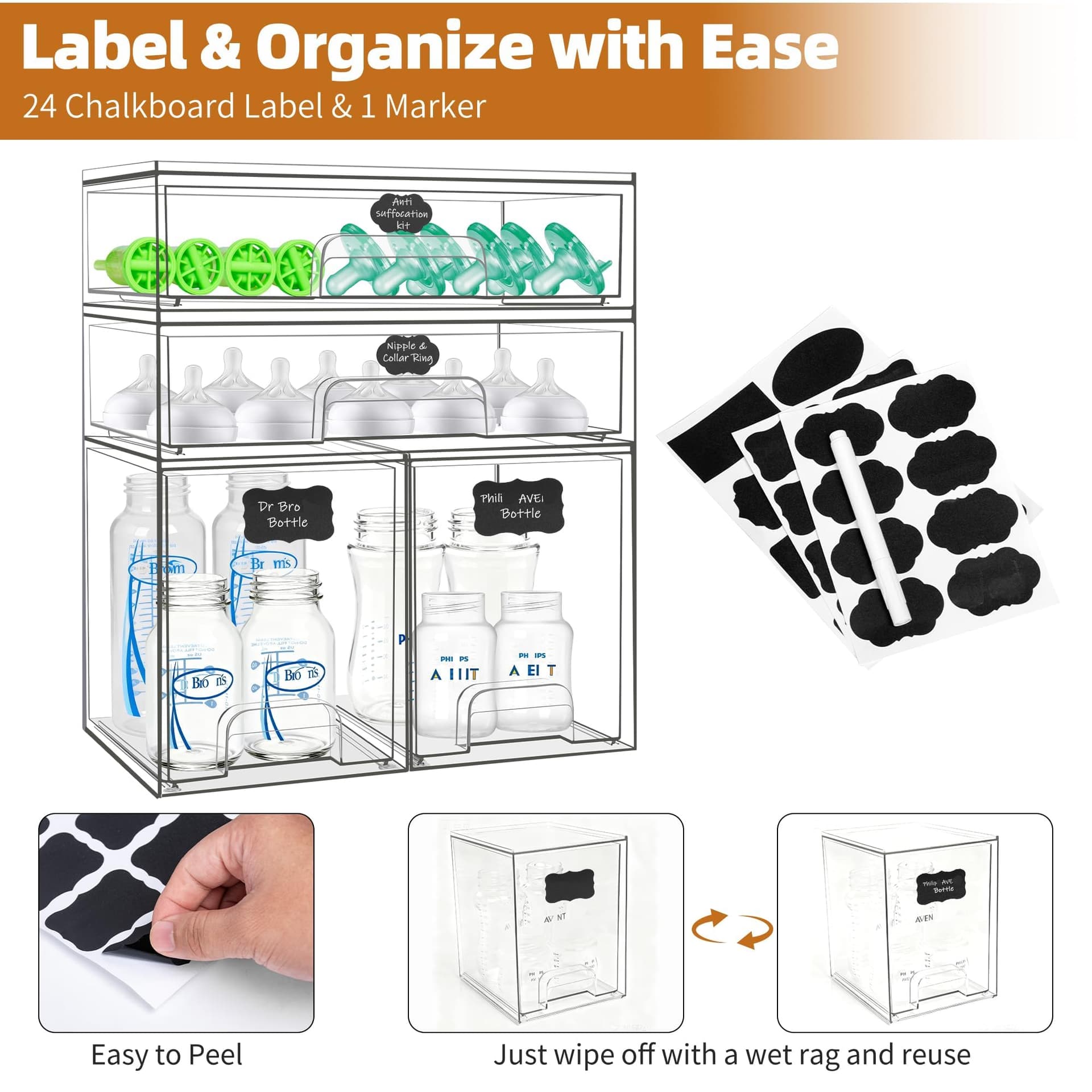 Baby Bottle Organizer, 4 Pack Stackable Storage Drawers with Labels, Clear Station Organizers Container for Pacifiers, Pump Parts, Desk Organizer Bins for Bathroom, Cabinet, Pantry, Vanity, Countertop thumbnail 4