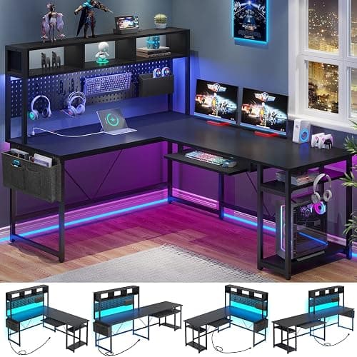 SEDETA L Shaped Gaming Desk, Reversible Computer Desk with Power Outlet and Pegboard, Gaming Desk with Led Lights, Keyboard Tray and Storage Bag for Home Office, Black - Image 1