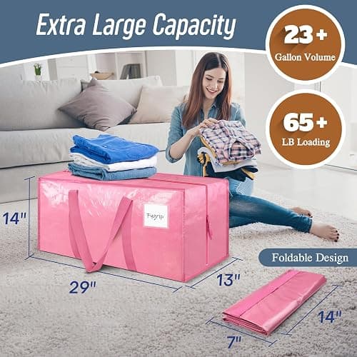 6 Pack Extra Heavy Duty Large Moving Bags with Strong Zipper & Comfortable Handles, Sturdy & Durable Clothes Storage Bags Totes Bins, Packing Moving Boxes for College Supplies, Pink thumbnail 2