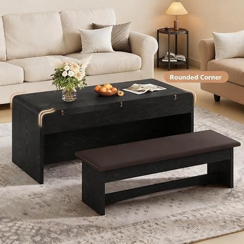 Homiflex Lift Top Coffee Table with Bench, 40 Inch Multi-Function Coffee Tables Set with Hidden Compartment, Curved Profile Design, Converts to Home Office Table, Dining & Center Table for Living Room thumbnail 5