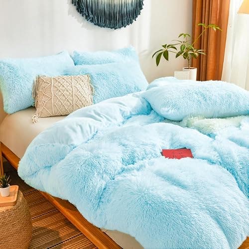 Blue Plush Pillow Covers, Fuzzy Fluffy Furry Shaggy Faux Fur Pillow Cases for Bedroom décor, Soft Blue Pillow Covers 26"x20" with Zipper Closure, Decorative Set of 2 thumbnail 8