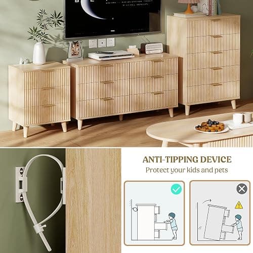 Lulive Wood 3 Drawers Dresser Fluted Night Stand with Charging Station, Storage Nightstand Modern Side Table, Bedside Table for Bedroom, Entryway Natural thumbnail 9