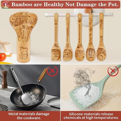 Mushroom Kitchen Decor Bamboo Wooden Spoons With Utensil Holder-Mushroom Kitchen Accessories for Cooking-Home Decorations Gifts for Women-Housewarming,Birthday,Easter,Mothers Day Gift（6PCS） thumbnail 4