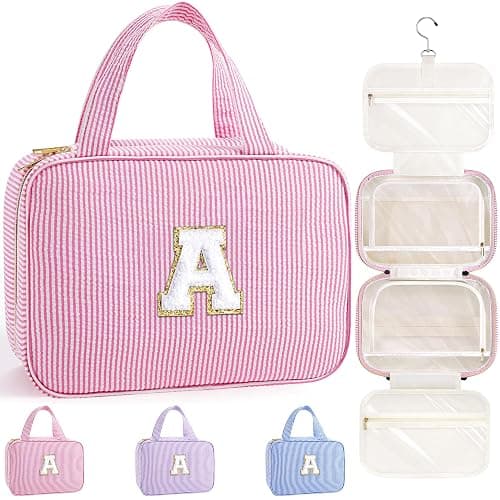 TOPEAST Gifts for Girls Kids - Travel Hanging Toiletry Bag & Makeup Bag, Personalized Initial Toiletry Pouch, Birthday Gifts for Women Teen Girls Friends, Cruise Essentials, Pink A - Image 1