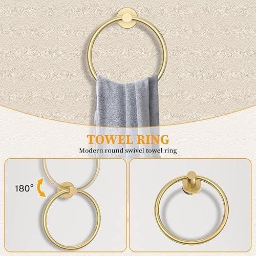 Brushed Gold Towel Bar Set 5 Pieces Round Bathroom Hardware Set Includes 23.6in Towel Bar Towel Ring Toilet Paper Holder Towel Hooks Stainless Steel Wall-Mounted Bathroom Towel Holder Set thumbnail 6