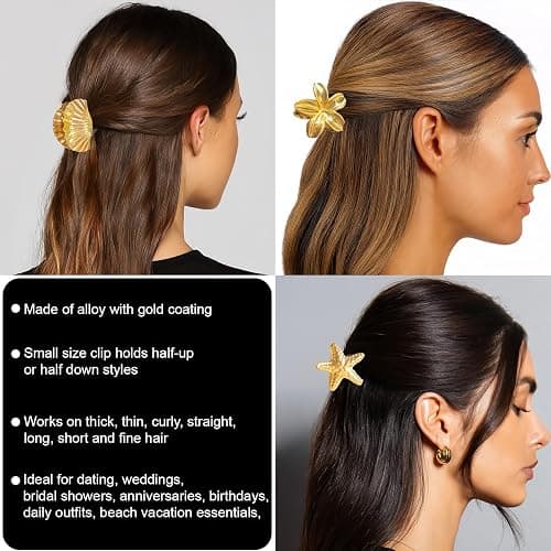 7Pcs Small Gold Hair Claw Clips for Women Metal Seashell Hair Clip for Thick & Thin Hair Gold Starfish Hair Clips for Half Up Half Down Hairstyle Beach Hair Accessories thumbnail 4