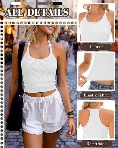 Ficerd 4 Pack Halter Tops for Women, Ribbed Scoop Neck Crop Racerback Tanks Sleeveless Fitted Y2K Going Out Tops for Summer thumbnail 3