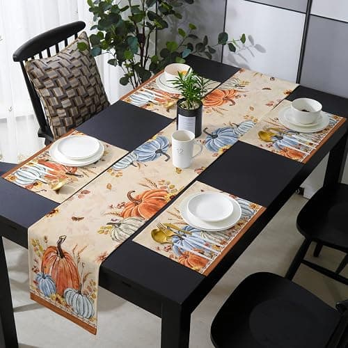 Fall Leaves Pumpkin 90inch Table Runner with Placemats Set, Thanksgiving Farmhouse Washable Non-Slip Cotton Linen Table Runners and Heat Resistant Matching Table Mat Set for Dining Table/Kitchen thumbnail 2