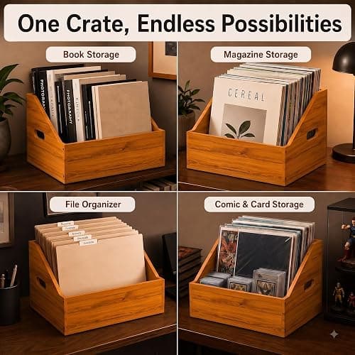 Wood Vinyl Record Storage, Retro & Durable Vinyl Crate and Record Holder, Album Storage Record Case Box for 60+ Records, Perfect Record Organizer for Home Decor and Collection Display(Brown) thumbnail 5