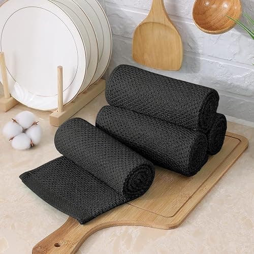 Kitinjoy 100% Cotton Kitchen Towels and Dishcloths Set, 8 Pack-13" x 28" and 12" x 12" Waffle Weave Dish Towels, Ultra Soft Absorbent Quick Drying Dish Rags, Black thumbnail 8