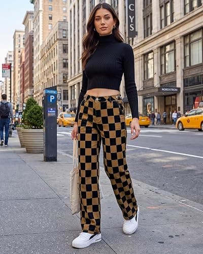 luvamia Checkered Pants Women High Rise Cinch-Waist Stretchy Wide Leg Jeans | Adjustable Waist, Patterned Pants for Women, Baggy Jeans Y2K, Checkerboard Print, Alternative Clothes thumbnail 6