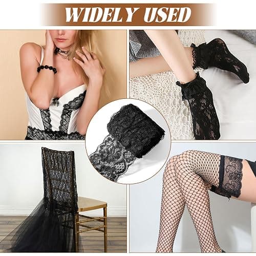 Black Lace Fabric, 2.4 Inch 2.4 Inch 5.5 Yards Black Lace Trim Sewing Trim & Embellishments Elastic Vintage Fabric Applique Ribbon Vintage Wide Tulle for Sewing,Crafting,Wedding,Gift Wrapping thumbnail 5