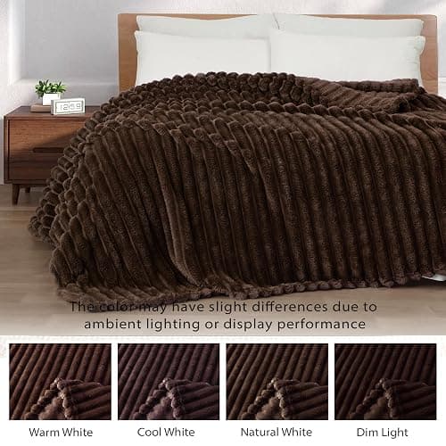 Exclusivo Mezcla Fleece Throw Blanket for Couch, Super Soft Striped Jacquard Bed Blanket, Lightweight Fuzzy Cozy for All Seasons, 127x152 CM, Coffee thumbnail 3