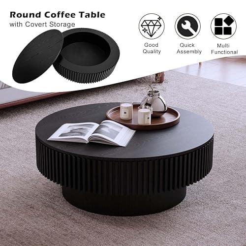 Round Coffee Table with Storage, Modern Wooden Coffee Table with Solid Wood Veneered, Circle Center Table Accent Tea Table for Living Room Apartment Small Space (31.5''L × 31.5''W × 14''H, Black) thumbnail 6