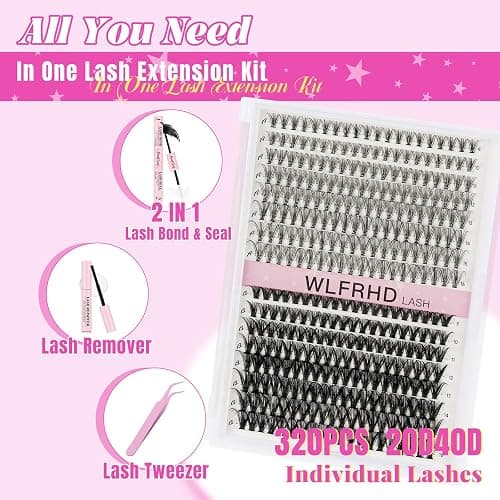 Lash Clusters Kit 320 Pcs DIY Individual Cluster Lashes D Curl Lash Extension Kit with Eyelash Bond and Seal, Remover, Tweezers Applicator Tool for False Eyelash Cluster Kit(20D+40D, Mix9-16mm Kit) thumbnail 2