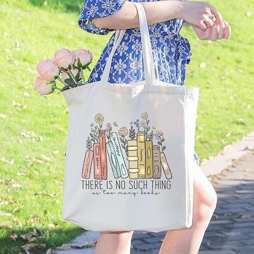 LEADO Cute Canvas Tote Bag with Pocket, Book Lovers Gifts - Mothers Day, Birthday, Book Club Gifts for Book Lovers Women - Reading Accessories, Librarian, Bookish, Readers, Teacher, Library Present thumbnail 2