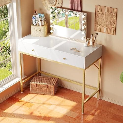 SUPERJARE 31.5" White and Gold Desk with 2 Drawers, Modern Vanity Desk, Small Makeup Table for Home Office Writing Study Bedroom thumbnail 2