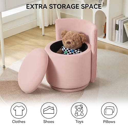 WUTUTUEE Velvet Vanity Chair with Storage, 360° Swivel Makeup Chair with Wave Back, No Assembly Small Accent Stool for Bedroom, Dressing, Living Room, Pink thumbnail 5