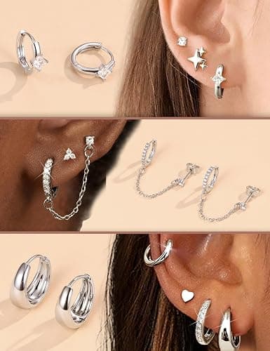 Florideco Flat Back Earrings Hypoallergenic Surgical Steel Earrings for Women Trendy Cartilage Chain Hoop Earring Studs 14K Gold Plated Star Heart CZ Flatback Stud Earring Sets for Multiple Piercing thumbnail 2