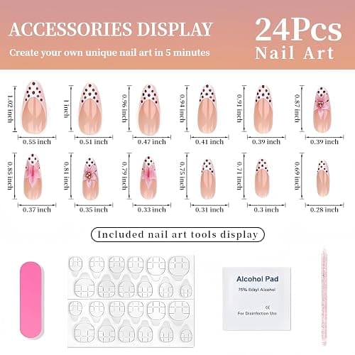 24Pcs Press On Nails Almond Medium Nude Fake Nails White French Tips with 3D Flower Pink Polka Dot Design Floral False Nails Glossy Full Cover Stick on Nails Reusable Glue on Nails for Women Manicure thumbnail 5