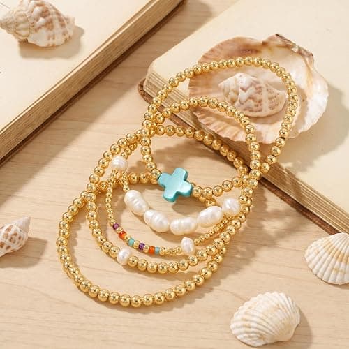 SHINUS BOHO 14K Gold Pearl Beaded Cross Bracelets Stack Set for Women,Stretch Boho Colorful Christian Beads Ball Jewelry Trendy Gift thumbnail 4