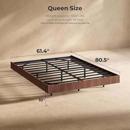 Evermagin Walnut Queen Floating Bed Frame with led Lights, Fluted Platform Bed No Headboard, Heavy Duty Mid Century Modern Float Metal Bedframe, No Box Spring Needed (Walnut, Queen-10in high) thumbnail 2